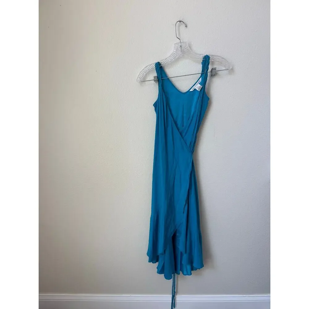 Vintage Diane Von Furstenberg Y2K Blue Silk Wrap V Neck Whimsy Dress Size 2 - Picture 2 of 5